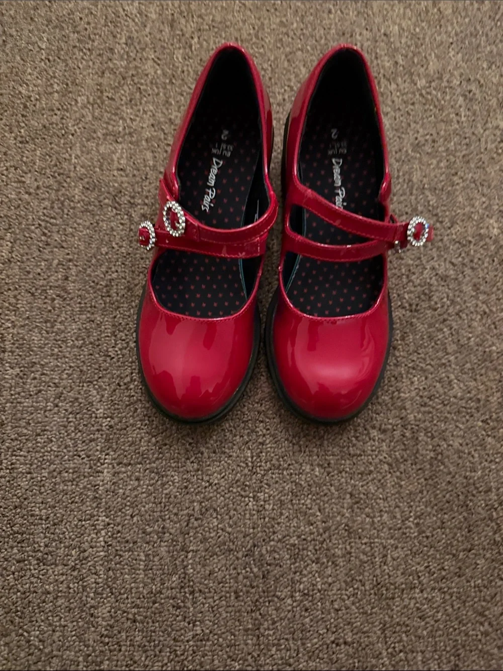 Dream Pairs Shiny Red Patent Mary Jane Shoes with Rhinestone Buckles